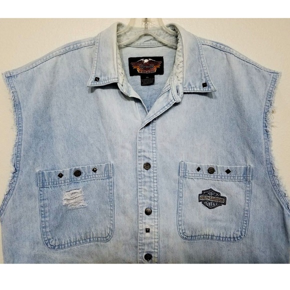 Harley Davidson Denim Sleeveless Distress Vest - Picture 4 of 5